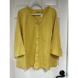 Isaac Mizrahi 2X Button Front Knit Top with Ruffle Neck Daisy Yellow - SEE NOTE